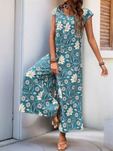 Perfee Printed Round Neck Cap Sleeve Wide Leg Jumpsuit OutfitFlow